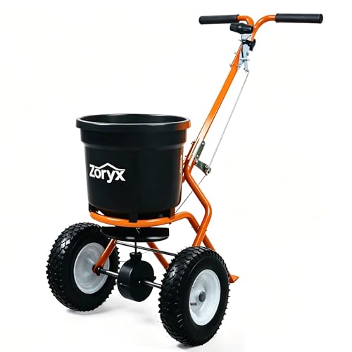ZORYX 50LB Walk-Behind Broadcast Spreader, Heavy Duty Push Spreader for Fertilizer, Seed, Salt, Ice Melt, 13" Pneumatic Tires, Adjustable Flow, Anti-Clog Hopper w/Rain Cover