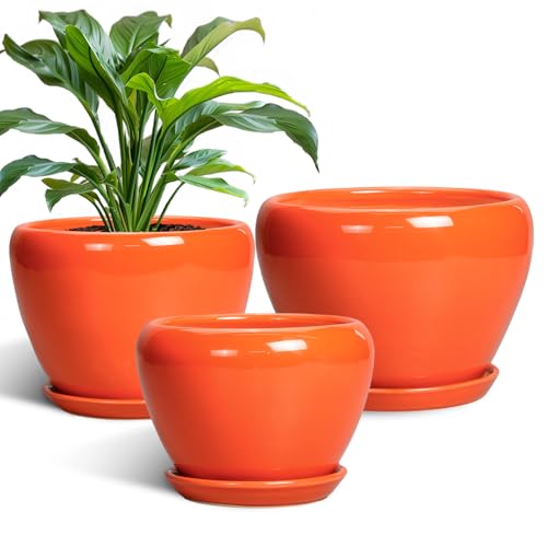 Ceramic Planter - 10 Inch 8 Inch 6 Inch Plant Pot with Drainage Holes and Saucers, Round Planters for Indoor Outdoor, Modern Flower Pots, House Garden Room Decor, Gardening Gifts, Orange - color: Orange