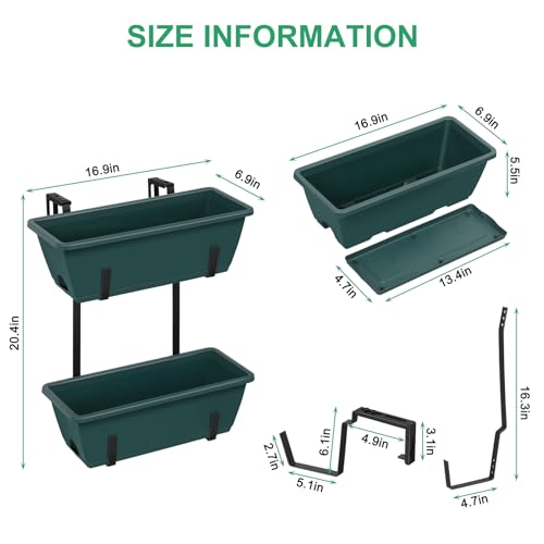 Deck Railing Planter Boxes 2 Tier Green Outdoor Hanging Planters Set of 2 - color: Green
