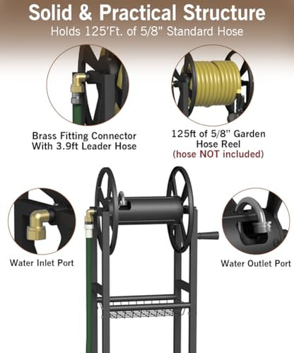 Garbuildman Ground Mount Garden Hose Reel Holds 125 Feet of 5/8-Inch with 3.9 ft Leader Hose, Brass Fitting, Water Hose Holder Stand with Storage Rack & 4 Spikes Base for Outdoor Lawn, Black - color: Black