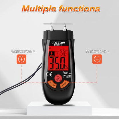 Wood Moisture Meter with Temperature and Humidity Measurement – Ideal for quickly measuring moisture content in logs, paper, plywood, plaster walls, floor coverings, and other materials. - color: Black Red