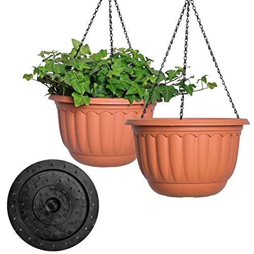 YIKUSH 12 Inch Hanging Planters for Outdoor Plants, 2 Pack Plastic Hanging Flower Pots with Drainage Hole & Tray, Hanging Basket Style Pots for Porch Patio Balcony Decor (Terracotta Color) - color: Terracotta