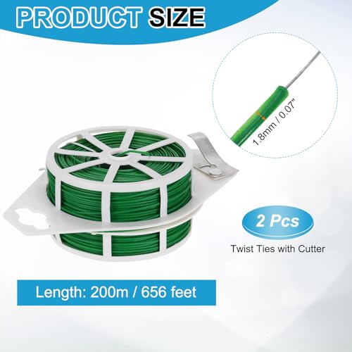 HARFINGTON 2pcs Twist Tie with Cutter 656FT (200m) Garden Plant Ties Wire - color: Green, size: 656FT