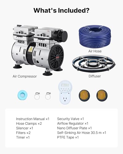 VEVOR Pond Aerators, 5.2CFM Aeration System for Lake up to 3 Acres, 3/4 HP Air Compressor, 1 Diffuser & 100' Weighted Tubings, Aeration Pump for Outdoor Ponds & Lakes Deep Water Oxygen Circulation - size: 5.2CFM+1 Nano diffuser