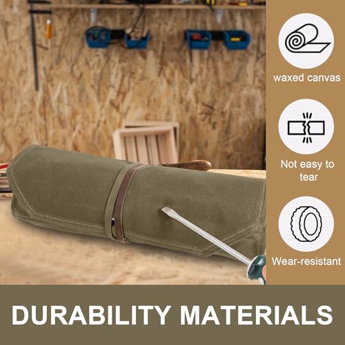 Chisel Roll, 6 Pockets Roll Up Tool Pouch, Waxed Canvas Small Tool Roll - color: 12-Khaki