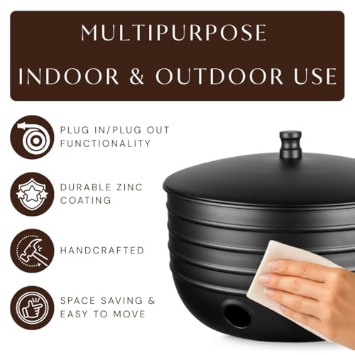 Monarch Abode Garden Hose Holder with Lid – Decorative Water Hose Holders for Outside, Border Embossed Metal Matte Black Pot with Drainage, 100ft Waterhose Holder for Outside, Garden Storage Caddy
