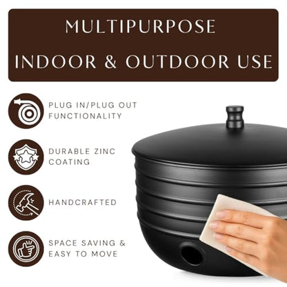 Monarch Abode Garden Hose Holder with Lid – Decorative Water Hose Holders for Outside, Border Embossed Metal Matte Black Pot with Drainage, 100ft Waterhose Holder for Outside, Garden Storage Caddy