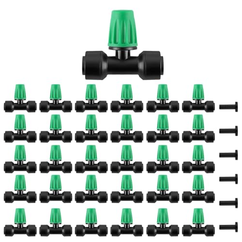 Kalolary 30Pcs Push-to-Fit Drip Irrigation Spray Emitters for 1/4" Tubing - size: 1/4” Push-to-Connect Tee- Misting- 30P Green