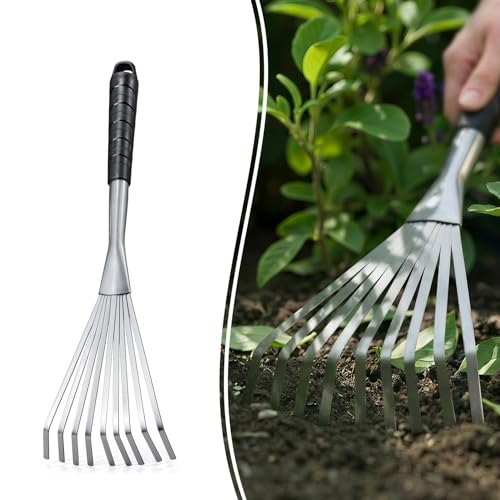 Colwelt Hand Rake 16.5", Small Rake for Gardening with 9 Resilient Flat Tines, Metal Mini Rake with Hanging Hole for Storage, Hand Fan Rake for Leaves, Loosening Soil, Spreading Mulch, Flower Beds