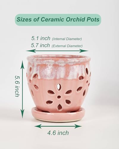 vensovo 5 Inch Ceramic Orchid Pot with Holes and Saucer, Pink - color: Pink
