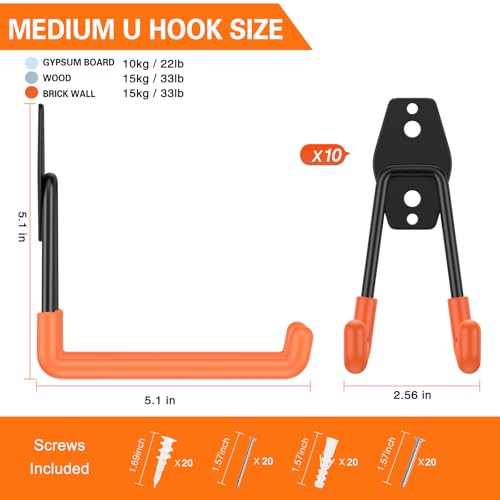 HUPBIPY Garage Hooks Heavy Duty 10 Pack, Wall Mount Ladder Hooks - color: Orange 10Pack