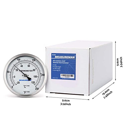 MEASUREMAN Fully Stainless Steel Pot, Kettle, Brewing Bimetal Dial Thermometer, 3" Dial, 6" Stem, 0-250 deg F/-20-120 deg C, -1% Accuracy, Adjustable, 1/2" NPT Back Mount - size: 3" Dial, 6" Stem, 0-250 deg F/-20-120 deg C, style: 6" Stem