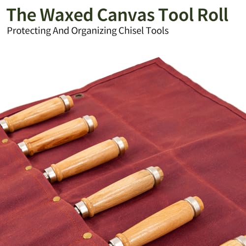 Chisel Roll, 6 Pockets Roll Up Tool Pouch, Waxed Canvas Small Tool Roll - color: Red