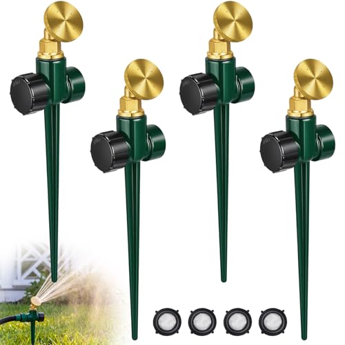 Tioncy 4 Pack Metal Lawn Sprinkler for Yard with Brass Nozzle & Aluminum Alloy Spike Base, Adjustable Automatic Garden Sprinkler System with Screen Gasket for Lawn Garden Yard Greenhouse(Green) - color: Green