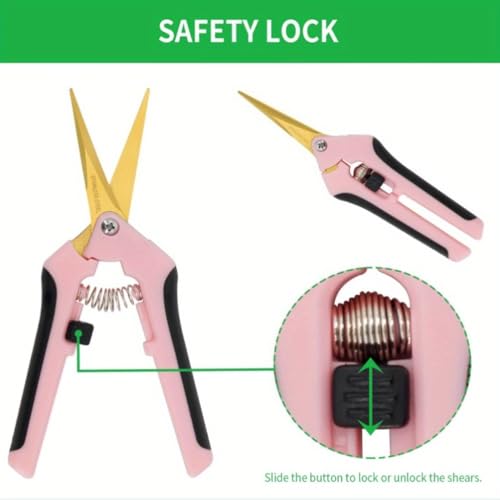 1PC Pruning Shears, Titanium Coated Garden Trimming Scissors with Coil Spring, Precision Gardening Hand Pruning Snips for Bonsai, Flowers, Plants Cutting (pink,curved blade) - color: Pink