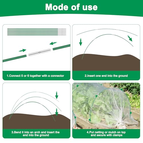 Garden Hoops for Raised Beds, Splinter-Free Fiberglass Greenhouse Hoops Grow Tunnel, 36 Pcs Adjustable Frame for Row Cover & Bird Netting, Rust-Proof DIY Outdoor Plant Stakes