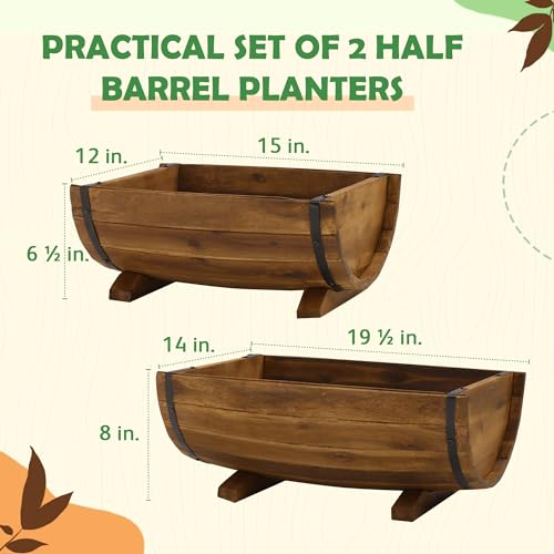 IDZO Solid Acacia Wood Half Barrel Planters Outdoor Set of 2 Different Sizes, Wooden Planters for Outdoor Plants with Metal Bands & Drainage Holes, Legs Included, Brown - color: Brown_half Barrel Planter Pots_pack 2