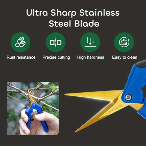 1PC Pruning Shears, Titanium Coated Garden Trimming Scissors with Coil Spring, Precision Gardening Hand Pruning Snips for Bonsai, Flowers, Plants Cutting (blue,curved blade) - color: Blue