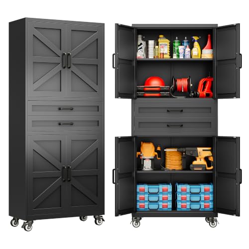 SISESOL Metal Storage Cabinet with Wheels and Drawers,Rolling Garage Storage Cabinet with Doors and Adjustable Shelves,73" Mobile Tall Large Metal Tool Cabinets for Home,Office,Garage（Black） - color: Black, size: 73"H-B