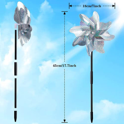 NOVWANG 16 PCS Reflective Pinwheels with Stakes, Extra Sparkly Pinwheels for Yard and Garden Pinwheels Bulk, Bird and Animal Deterrent Device to Scare Birds Away from Patio(Silver)