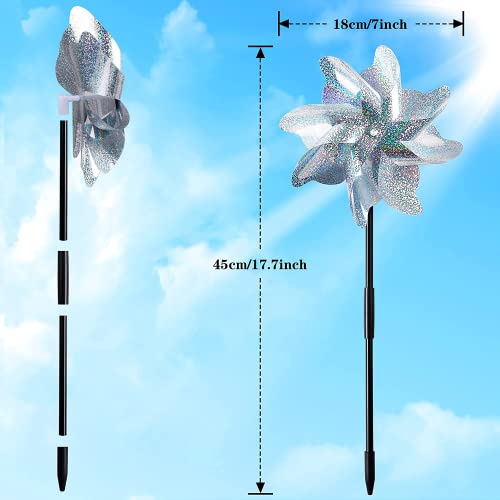 NOVWANG 16 PCS Reflective Pinwheels with Stakes, Extra Sparkly Pinwheels for Yard and Garden Pinwheels Bulk, Bird and Animal Deterrent Device to Scare Birds Away from Patio(Silver)