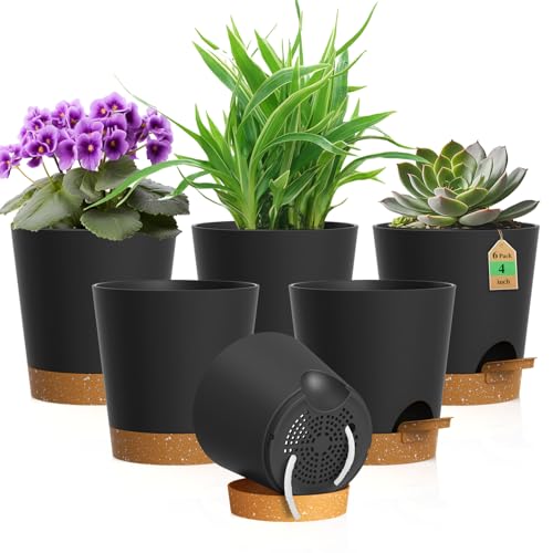 WSMKSZ 4 inch Self Watering Pots for Indoor Outdoor Plants, 6 Pack Plastic Flower Planters with Drainage Holes and Removable Saucers, Plant Pots with Wicking Rope, Modern Decor, Black Brown - color: Black Brown, size: 4inch 6pcs