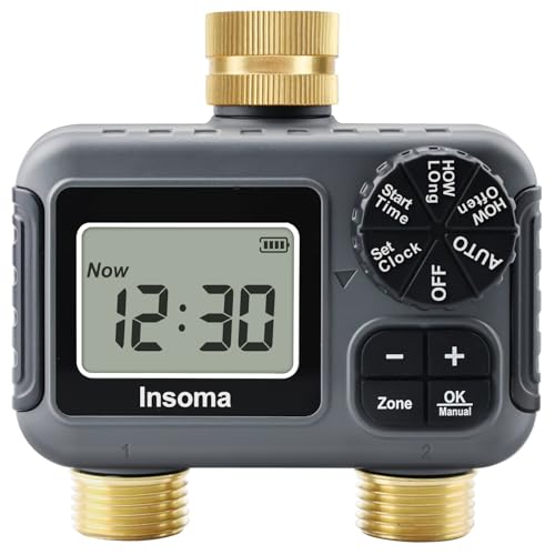 Insoma Water Timer 2 Zone, Programmable Irrigation Sprinkler Timer for Garden Hose, Outdoor Hose Faucet Timers with Rain Delay/Manual/Auto Modes, IPX5 Waterproof for Drip System & Lawn - size: 2 Zone-Brass Inlet Outlet