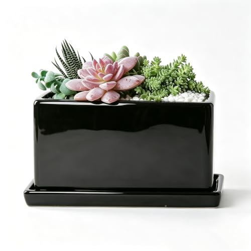 8 Inch Rectangular Ceramic Plant Pot, Window Box, Glazed Black - color: Black, size: 8 Inch