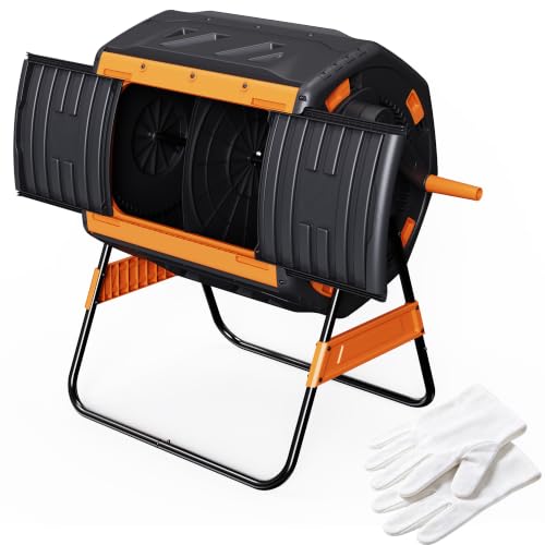 LAUSAINT HOME Dual Chamber Compost Tumbler, 52 Gallon Outdoor Rotating Composter with Sliding Doors for Garden Waste, Kitchen Scraps & Yard Debris, Black and Orange - size: 52 gallon