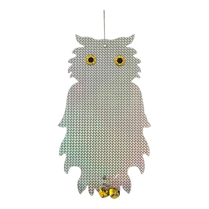 PESTEZE USA Premium Owl Bird Repellent Holographic Decoy with 2 Bells [8.25 × 15 in] Uses Reflective Shine & Sound to Deter Woodpeckers, Pigeons, Crows, Ducks, Geese & Other Outdoor Pests Without Harm