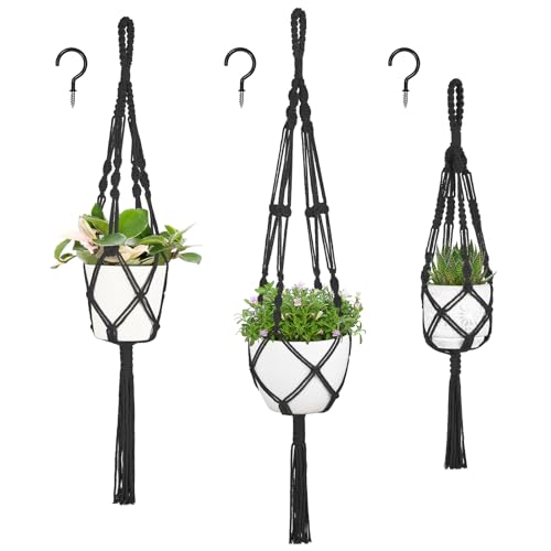Mkono 3 Pack Macrame Plant Hanger, Hanging Planters for Indoor Plants Black - color: Black