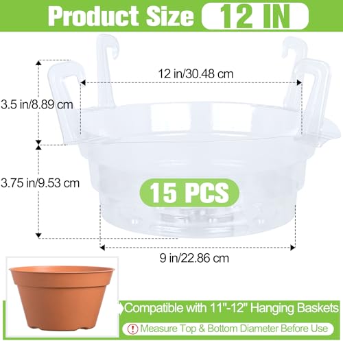 Miuwauer 15 Pack of 12-inch Hanging Basket Water Catcher Plastic Hanging Plant Drip Pan Tray Plastic Saucers Liners for Indoor Outdoor Hanging Plants Baskets Flower Pots - Clear, Round - size: 12 Inch