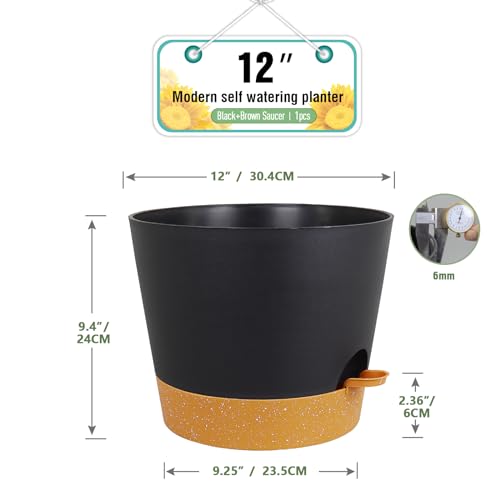Meowell 12 inch Large Self Watering Pot for Indoor Outdoor Plants - color: Black With Brown, size: 12inch A