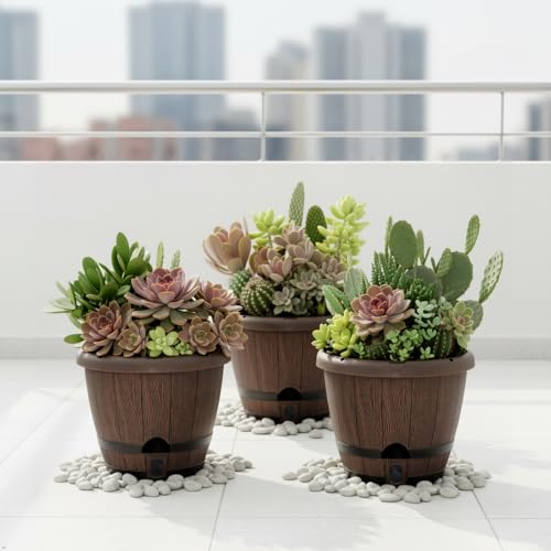 Sun-E 10" Self-Watering Whiskey Barrel Planter 3 Pack for Indoor Outdoor - color: Brown Wooden Grain