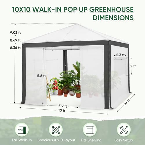 EAGLE PEAK 10x10 Walk in Pop Up Greenhouse, Gray/White - color: Gray/White, size: 10x10