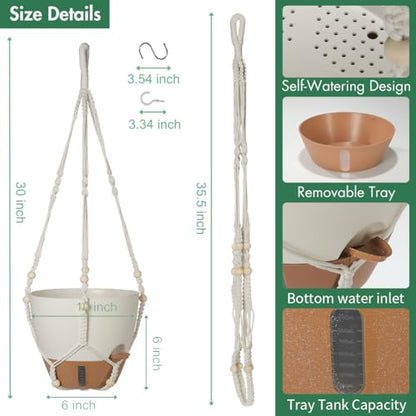 Self-Watering Hanging Planters for Indoor Plants Set 2-Piece Includes Plant Hanging Pot, Drainage-Hole Hanging Pot, and Hanging Basket Rack (10 Inches, White) - color: White
