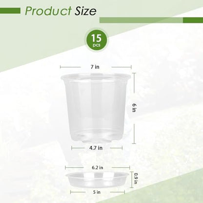 FUIJOL 7 Inch Clear Nursery Pots for Plants with Sacuers 15 Pack, Plastic Flower Pots with Drainage Holes, Variety Pack Seedlings Garden Pot for Indoor Outdoor (7 inch) - size: 7 inch
