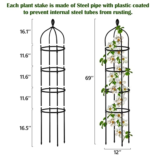 2 Pcs Garden Obelisk Trellis for Climbing Plants Outdoor 6 Ft Rose Bush Round Trellis for Pots Rustproof Metal Pipe with Plastic Coated Plant Flower Trellises for Clematis Vine Jasmine Support - color: Black, size: 6 Ft(2 Pcs)