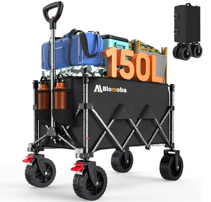 Blomoba Collapsible Wagon Cart, 150L Foldable Wagon with Wide Wheels, Black - color: Black, size: Large Without Tailgate