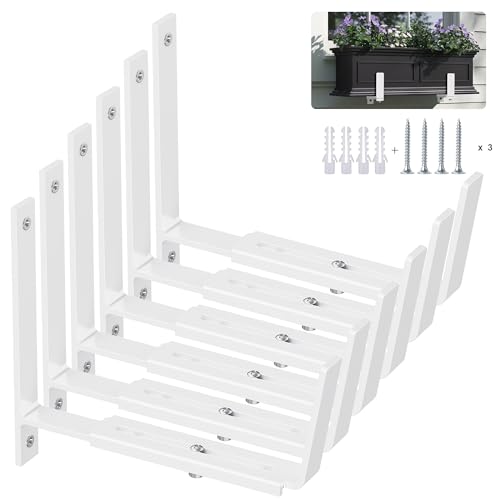 Y&M 6 Pack Adjustable Planter Brackets (6 to 12.5 in), Universal Window Box Brackets, Heavy Duty Iron Flower Box Wall Mounting Hooks for Balcony, Fences, Patio, and Garden - White - size: 6pcs White