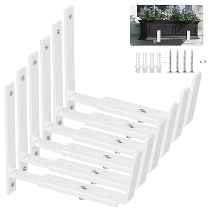 Y&M 6 Pack Adjustable Planter Brackets (6 to 12.5 in), Universal Window Box Brackets, Heavy Duty Iron Flower Box Wall Mounting Hooks for Balcony, Fences, Patio, and Garden - White - size: 6pcs White