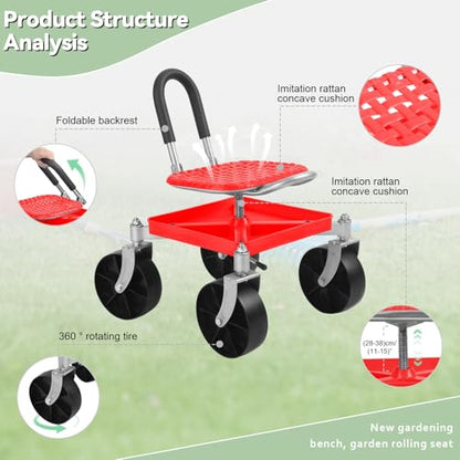 Garden Cart with Seat and Wheels, Red - color: Red