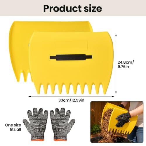 Leaf Scoops and Claws with Gardening Gloves, Large Lightweight Plastic Hand Rakes Yard Grabber for Lawn Clippings, Grass & Trash Pick Up, Ergonomic Adjustable Handles(Yellow) - color: Yellow