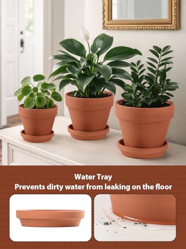 INGOFIN Terracotta Pots Set with Saucer - 5/6/7 inch Ceramic Clay Planters with Drainage Hole, Garden Flower Succulent Pots with Tray for Indoor Outdoor Plants, Set of 3 - size: 5/6/7 inch -3 pcs