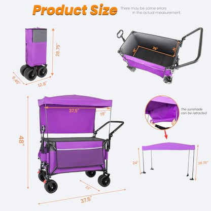 Folding Wagon Cart with Removable Canopy 480LBS Utility Cart on Wheels - color: Purple Canopy