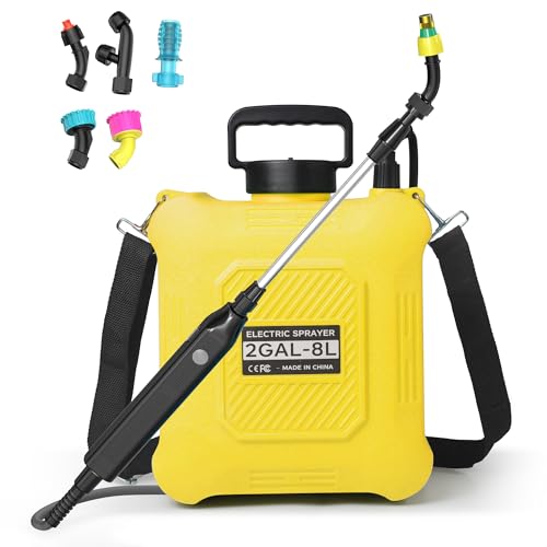 Battery Powered Garden Sprayer 2 Gallon with 2 Pressure Mode, 6 Spray Nozzles, Rechargeable Weed Sprayer Telescopic Wand, Adjustable Strap for Lawn Garden, Blue (Yellow) - color: Yellow