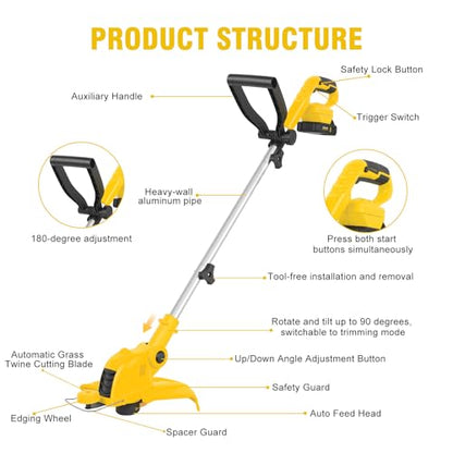 12 Inch Electric Weed Wacker with 2 x2.5Ah Battery Powered Weed Eater