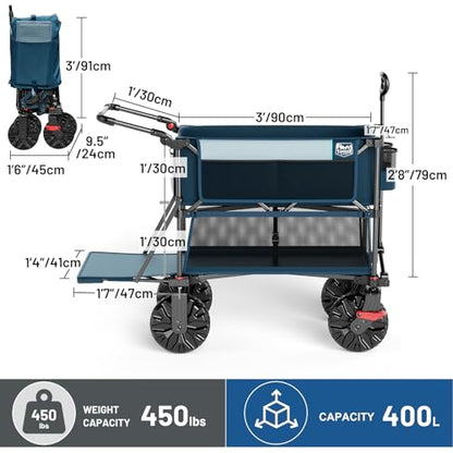 TIMBER RIDGE Push & Pull Double Decker Wagon, 400L Capacity & 450lb Load - color: Blue, size: With Push Handle
