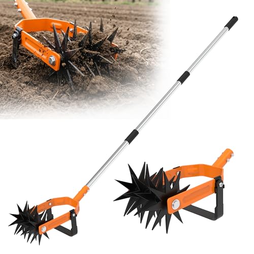 Rotary Cultivator - Long Handle Garden Cultivator with Adjustable Stainless Steel Pole, 2-in-1 Hand Tiller Garden Tool for Weeding, Soil Loosening, Aerating & Reseeding Grass