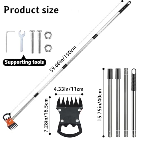 Weed Puller Tool with Long Handle, 59" Manual Weeder Remover Tool, 2 in 1 Hand Weed Rake and Garden Hoe for Gardening, Lawns, Yards